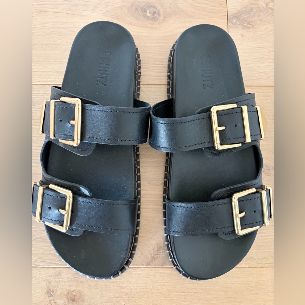 SCHUTZ Naomi Sporty Women's Slide Sandal in Black and Gold | US 8.5 - Picture 3 of 5